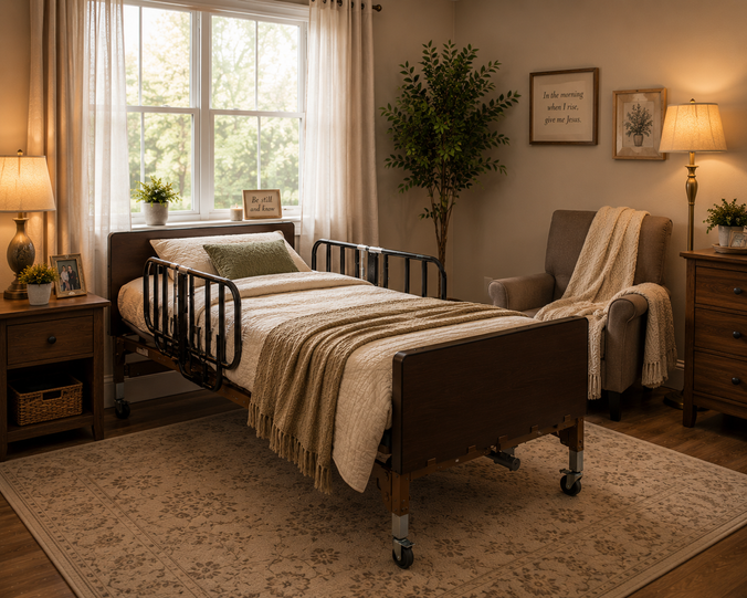 Hospital bed with side rails in a furnished room